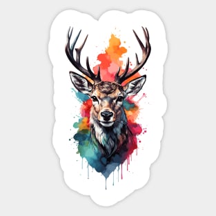 Colorful Watercolor White-Tailed Buck Deer Portrait Design Sticker